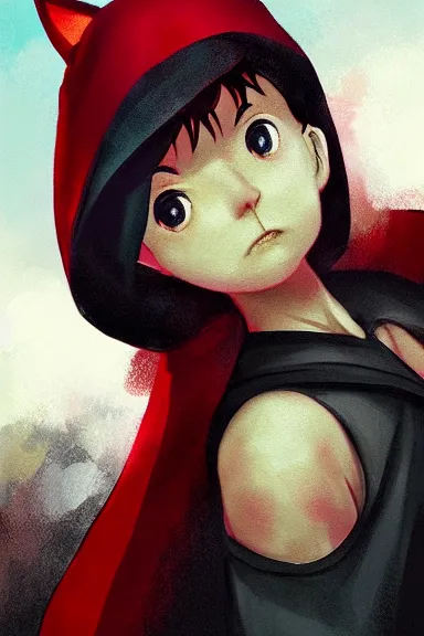 Image similar to little boy with cat ears in an black outfit with red cape. digital artwork made by lois van baarle and kentaro miura and marc simonetti and rhads, sharpness focus, inspired by hirohiko araki, anatomically correct, heroic composition, hero pose, smooth, dark city