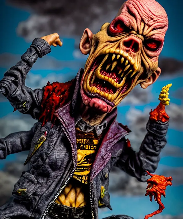 Image similar to hyperrealistic rendering, epic boss battle, punk rock zombie, by art of skinner and richard corben, product photography, collectible action figure, sofubi, hottoys, storm clouds, outside, lightning