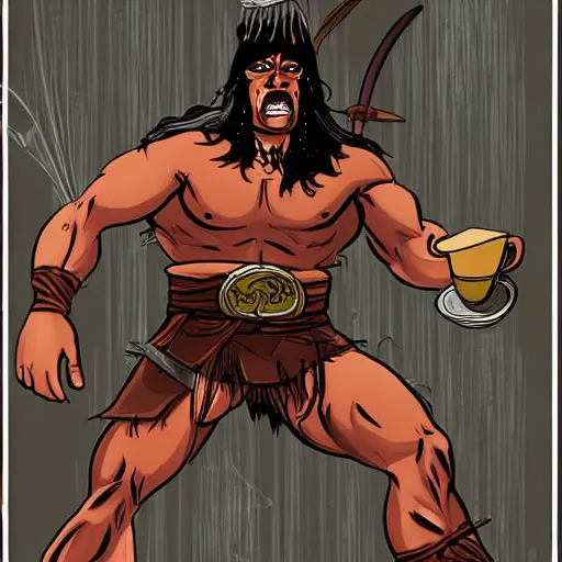 Image similar to conan the barbarian working as a barista in the style of conan the barbarian by frank frazzetta