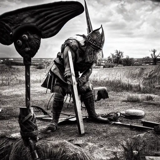 Image similar to viking in war armor working on the flying ancient device, tools and junk on the ground, old village in the distance, vintage old photo, black and white, sepia