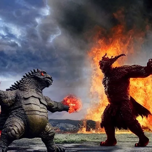 Prompt: Scots Highlander fighting godzilla