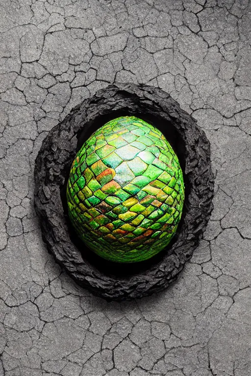 Image similar to a scaly dragon egg made from opalescent coal and molten lava, on a carved stone floor against a forest background photorealistic, dlsr, octane render, 8 k, cinematic lighting