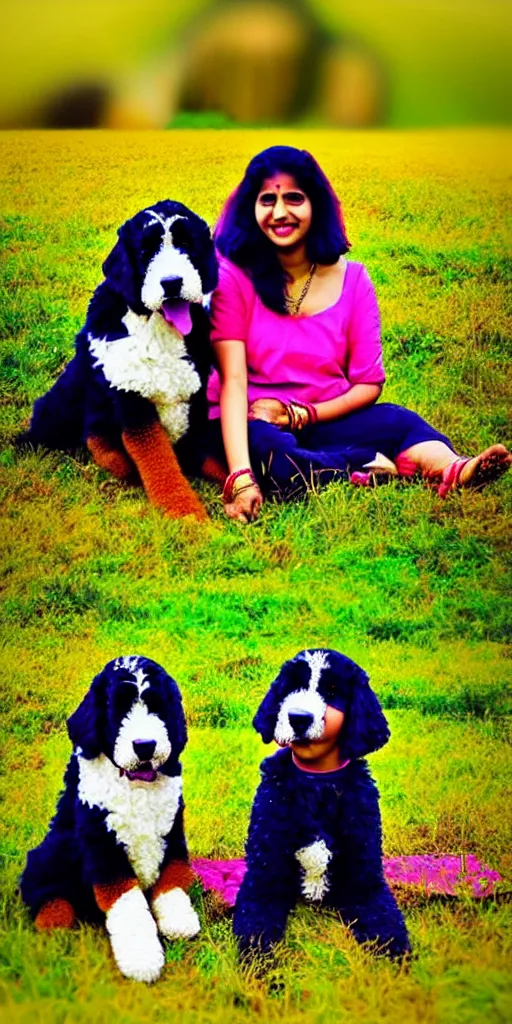 Image similar to an indian couple sitting with their bernedoodle puppy, in a field, very colorful, very cute, highly detailed, trending on artstation.