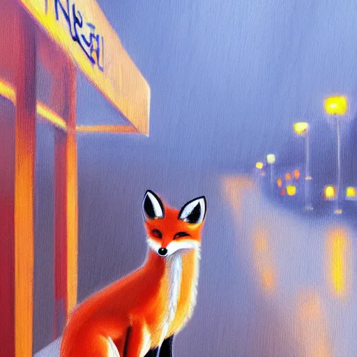 Prompt: painting of a fox in front of a bus stand bench at a rainy night, trending on artstation - 1 0 2 4