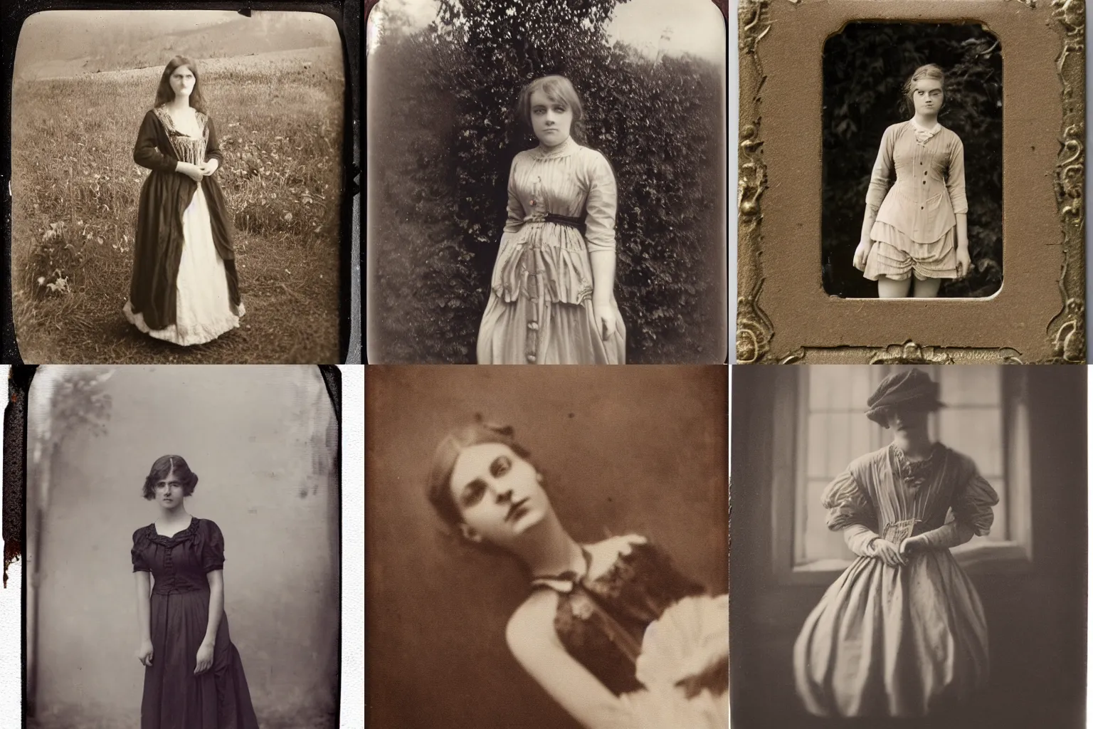 Prompt: Victorian, Edwardian, vintage, photography, 4k, detailed, sepia, pinhole camera, tin plate photography, Henri Cartier-Bresson, young woman in a dress, morbid photography