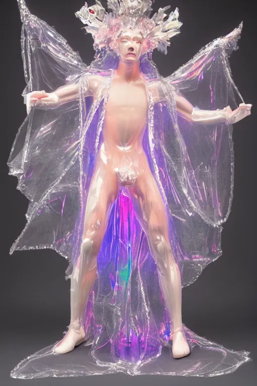 Prompt: full-body rococo and cyberpunk delicate crystalline sculpture of (((muscular slender Spanish male))) as an iridescent humanoid deity wearing a thin see-through ((plastic hooded cloak)) sim roupa, reclining con (las piernas abiertas), glowing pink face, crown of (((white lasers))), large diamonds, swirling black silk fabric. futuristic elements. oozing glowing liquid, full-length view. space robots. (((human skulls))). throne made of bones, intricate artwork by caravaggio. Trending on artstation, octane render, cinematic lighting from the right, hyper realism, octane render, 8k, depth of field, 3D