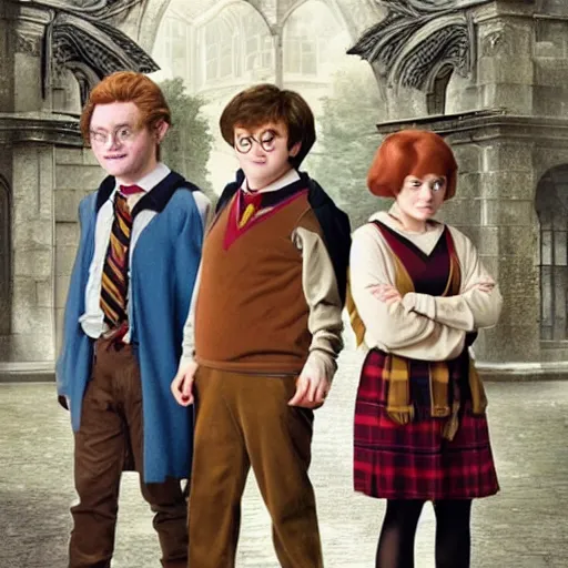 Prompt: Harry Potter, Ron and Hermiona look like ducks from a DuckTales style