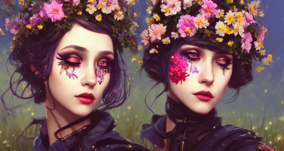 Prompt: a girl with makeup, cosmetics, face paint, clothed in flowers behind a steampunk city, night setting. realistic shaded lighting poster by ilya kuvshinov katsuhiro, magali villeneuve, artgerm, jeremy lipkin and michael garmash, rob rey and kentaro miura style, trending on art station