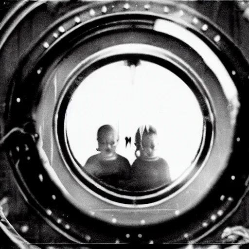 Image similar to an old black and white photo of a nightmarish lovecraftian horror seen through the porthole of a submarine, underwater, creepy, scary, dark,