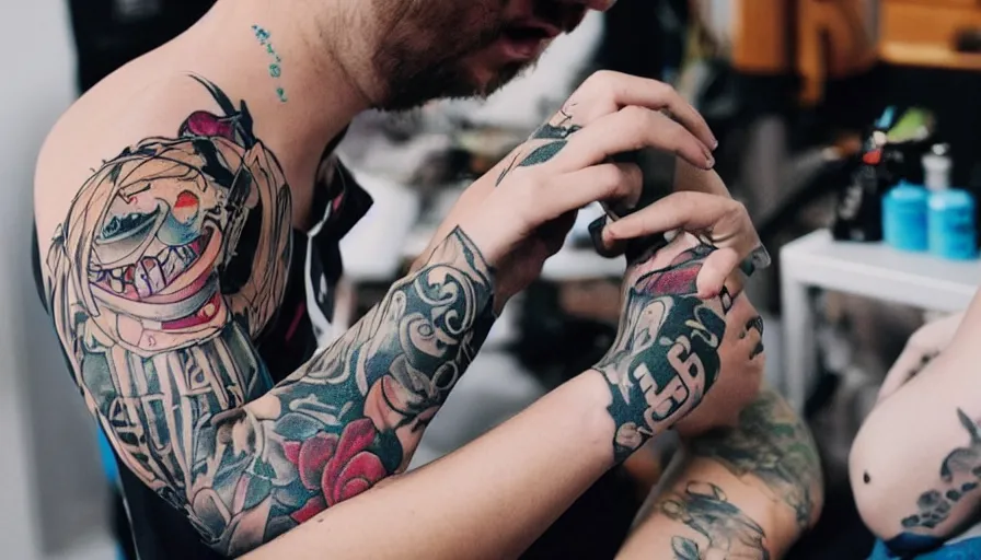 Prompt: photo of a new tatoo of someone giving themselves a tattoo of a tattoo that says i hate tattoos 8 k 1 0 8 0 p
