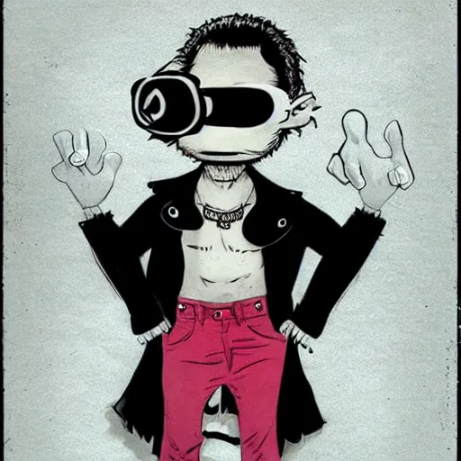 Image similar to a nerdy goth guy wearing goggles and eccentric jewelry by jamie hewlett :: full body character concept art, full body, detailed