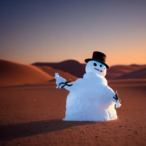 Image similar to a snowman is lost in the desert at sunset, beautiful photography, 8k, ambient light