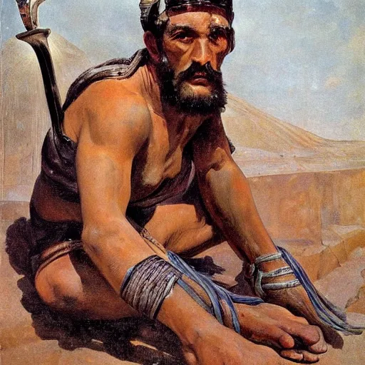 Image similar to a scrappy bronze age thief man, ancient mesopotamia, hiding, opportunistic expression, sword and sandal character portrait by theodore ralli and nasreddine dinet and anders zorn and nikolay makovsky and edwin longsden long