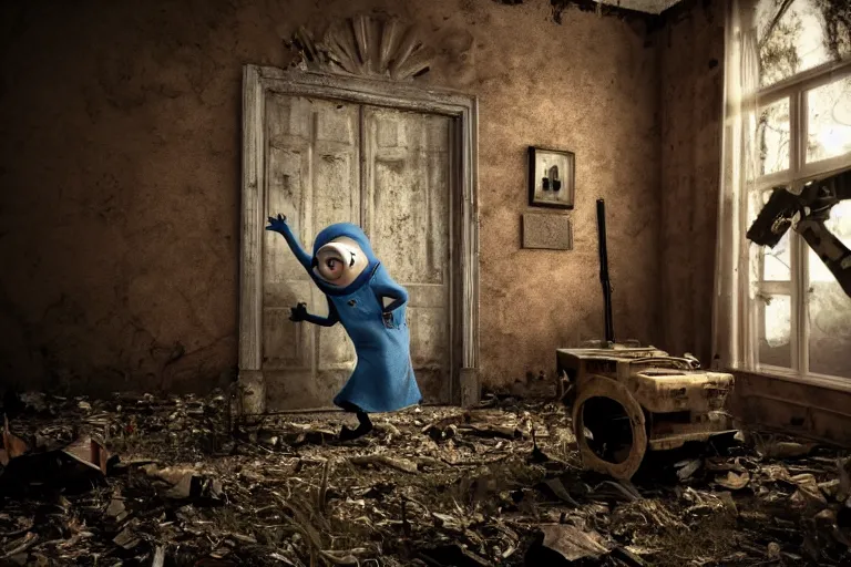 Prompt: a still gru shooting minions, horror movie, scary, horror, blood, lonely abandoned house, motion blur