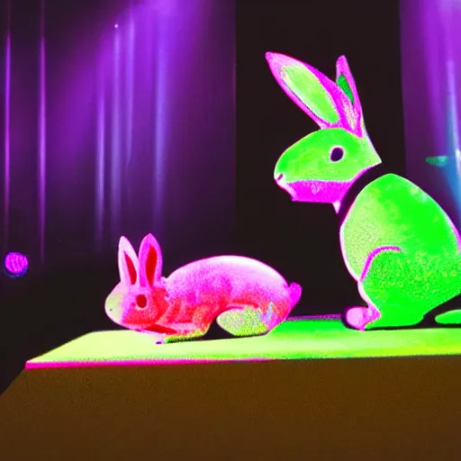 Prompt: two rabbits laying music on a stage with green and pink stage lights