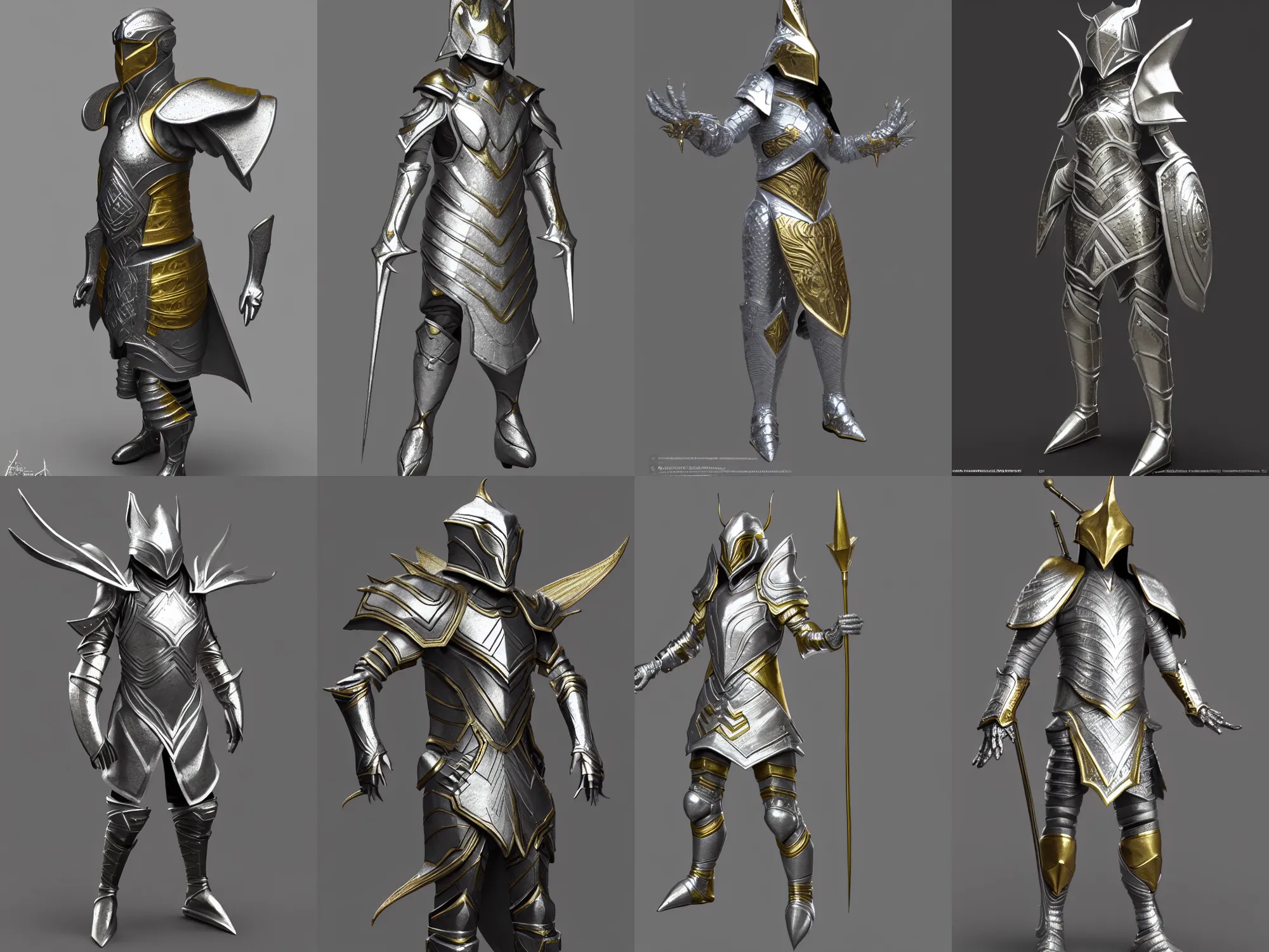 Prompt: render of creative fantasy wizard armor, silver with gold trim, hyperrealistic, extremely clean, flat shading, exaggerated proportions, trending on Artstation, fantasy character concept, HD Octane render, 8k