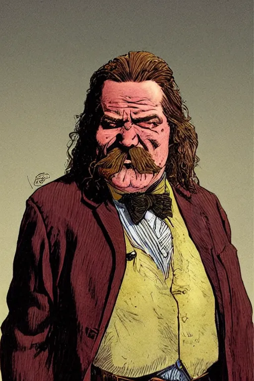 Image similar to vernon. Smug old west circus wrestler. concept art by James Gurney and Mœbius.