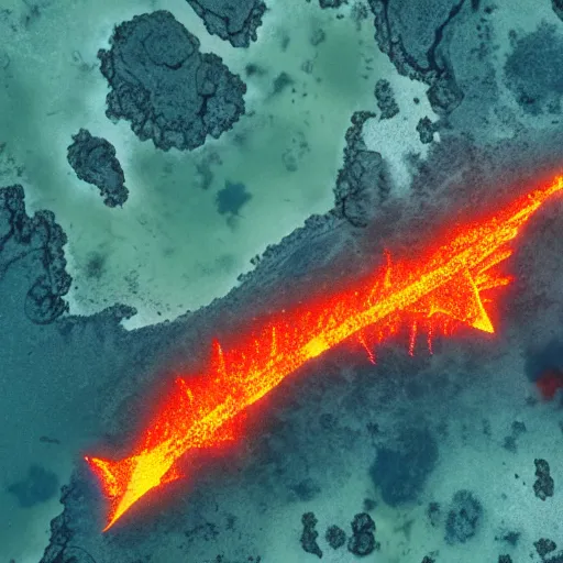 Prompt: a realistic lava lake with a shark with lasers attached to its head swims