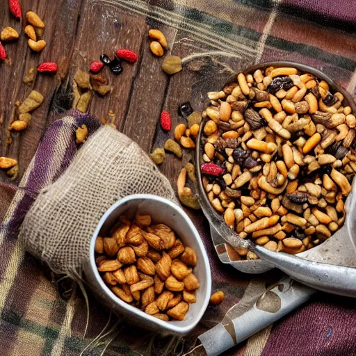 Prompt: trail mix and maggots, food photography