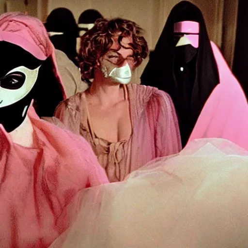 Prompt: photograph of a masked party ,with people in black hooded tunic like in the film eyes wide shut of Stanley Kubrick, a woman with wrapped in pink tulle in the middle and eyes covered