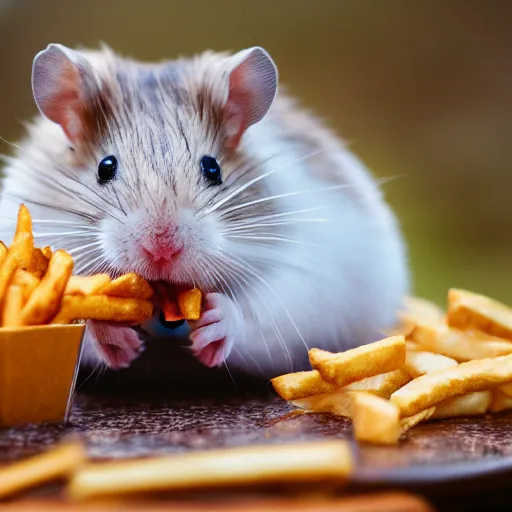 Image similar to detailed photo of a hamster eating fries, outdoors, various poses, full body, unedited, daylight, dof 8 k