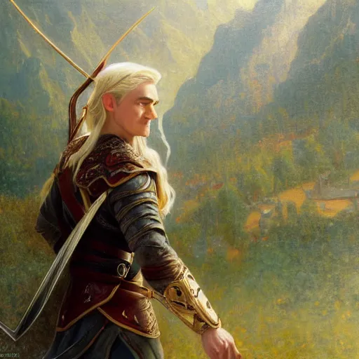 Image similar to a beautiful painting of attractive legolas the elf at the apple event, art photography, highly detailed painting by gaston bussiere, craig mullins, j. c. leyendecker 8 k, modern, apple event