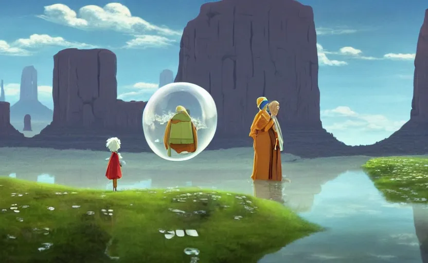 Prompt: a scary hyperrealist painting of a guru in a giant transparent bubble from howl's moving castle ( 2 0 0 4 ) in a flooded monument valley stonehenge jungle. depth perception, 4 k, artstation, in the style of studio ghibli