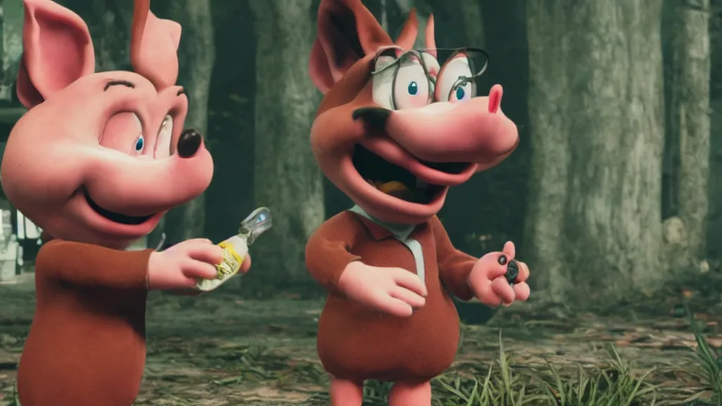 Image similar to found footage of Porky Pig eating glue, hyperrealistic, Cryengine 8k UHD