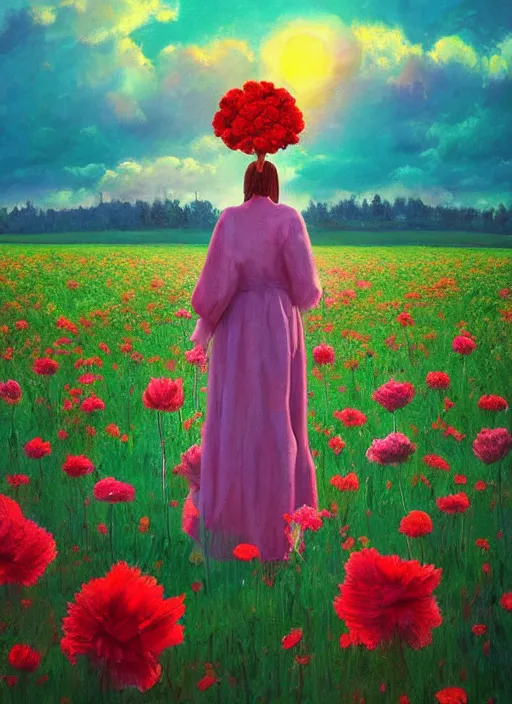 Image similar to woman with a giant carnation as a face, flower field, surreal photography, sunset dramatic light, impressionist painting, colorful clouds, blue sky, digital painting, artstation, simon stalenhag