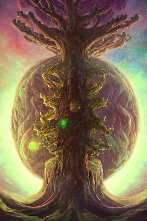 Image similar to yggdrasil as an enormous sentient deity of the stars made of exotic matter, in hyperbolic space, a dnd illustration of an esoteric concept by cgsociety and james gurney, artstation, hdr, rtx, iridescent