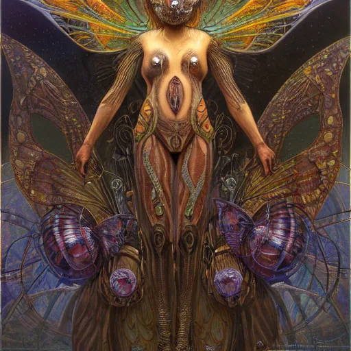 Prompt: realistic illustration of a beautiful rusted mechanical faerie queen with glowing eyes, moth wings with geometric patterns, reflective detailed textures, baroque dark fantasy science fiction painting by donato giancola and diego rivera and jean delville and michael whelan, silver and cool colors, artstation, octane render