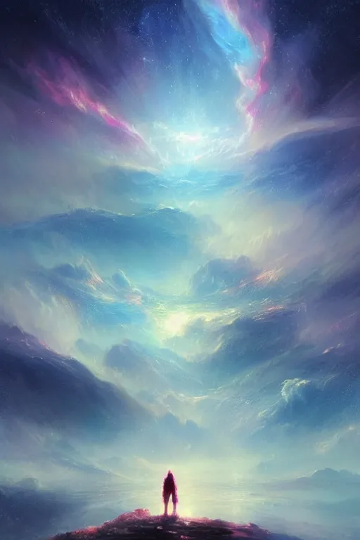 Prompt: A beautiful illustration of a >a colorful nebula kitten galaxy colored Ecru, art by J.M.W. Turner< in the distance landscape surrounded by a lake, hills, blue sky with big clouds by greg rutkowski,borisut chamnan, makoto shinkai and thomas cole, graphic art, anime culture,featured on behance, digital art wallpapers