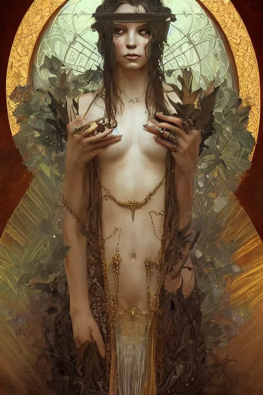 Image similar to tarot card, high priestess, intricate, elegant, highly detailed, concept art, sharp focus, beautiful face!!, digital art, smooth defined outlines!!, by Bastien Deharme, Brom, trending on Artstation, Alphonse Mucha
