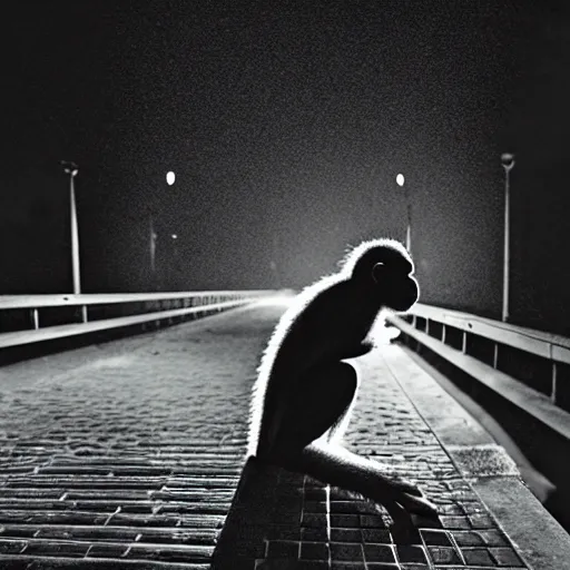 Prompt: contre - jour photo of a monkey smoking a cigarette on a bridge at night under rain, lightened by street lamps, award winning photography