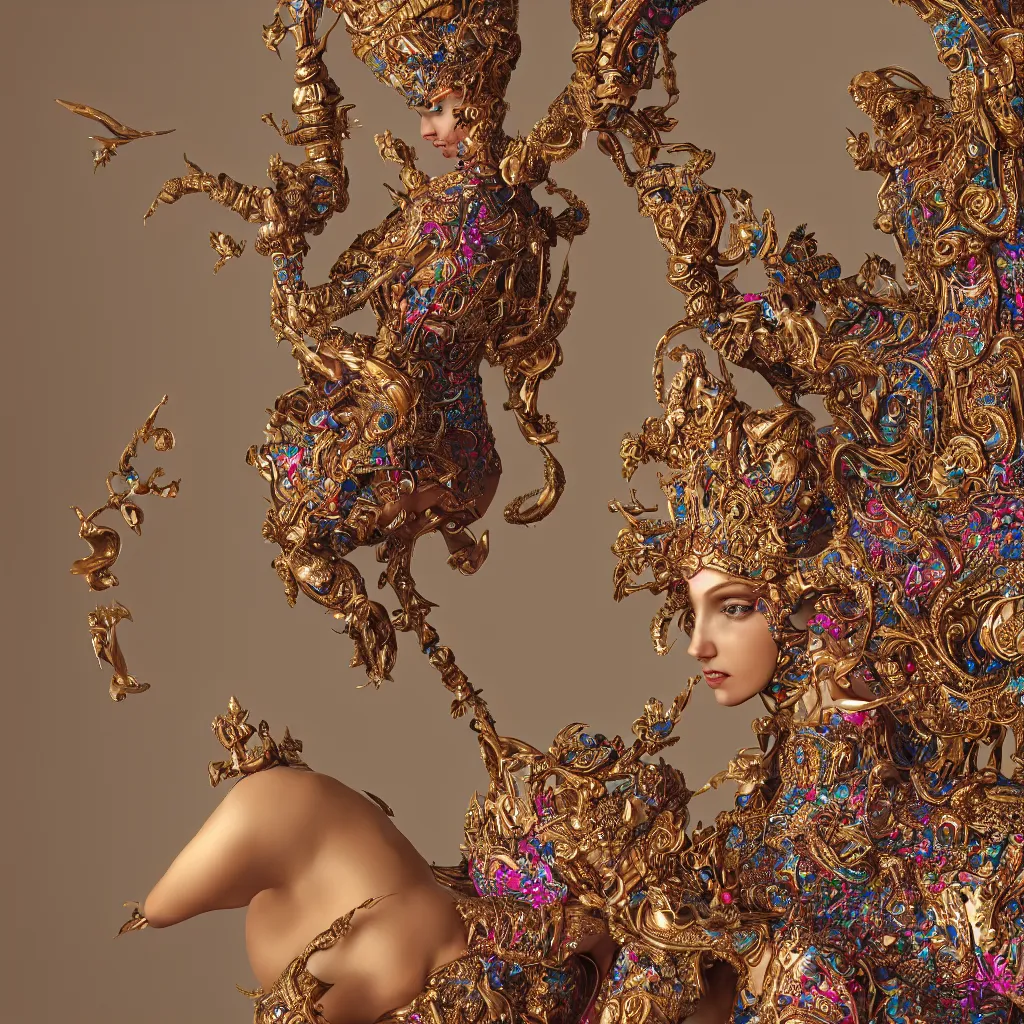 Image similar to A photo-real delicate sculpture of an ornate queen in front of an intricate background by AJ Fosik, Micro detail, backlighting, octane renderer, colorful, physically based render