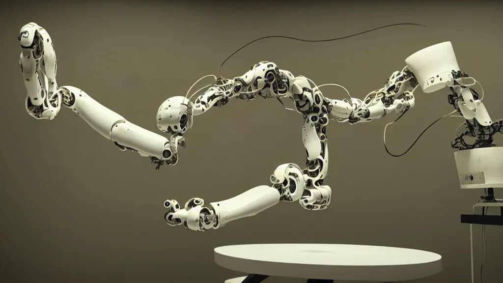 Image similar to a complex bifurcated robotic cnc surgical arm hybrid 3 d printer machine making organic ceramic kintsugi mandlebulb forms in the living room laboratory, film still from the movie directed by denis villeneuve with art direction by salvador dali, wide lens, f 3 2, cinematic lighting, studio quality, smooth render, unreal engine 5 rendered, octane rendered