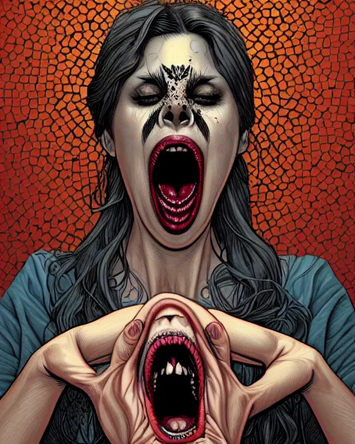 Prompt: comic horror cover art of a beautiful woman screaming in terror, skull mosaic background, illustration by jenny frison and sana takeda, intricate details, stunning inking lines, stunning gradient colors, 4 k, hd, artstation, award winning