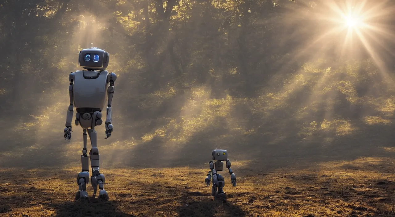 Image similar to a robot in a movie, cinematic shot, sun beams