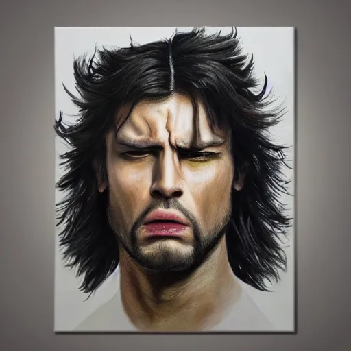 Image similar to photorealistic painting of an angry, handsome male