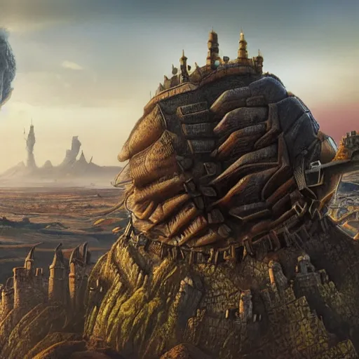 Image similar to large fantasy castle rising from the top of a giant tortoise, towering over a harsh barren sandy wasteland, distant shot angled slightly up, fantasy, hyper detailed, 4 k, howls moving castle, mortal engines, kaiju,