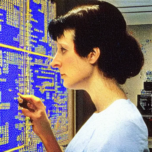 Image similar to a female neuroscientist trying to understand a microprocessor, jean giraud and waterhouse