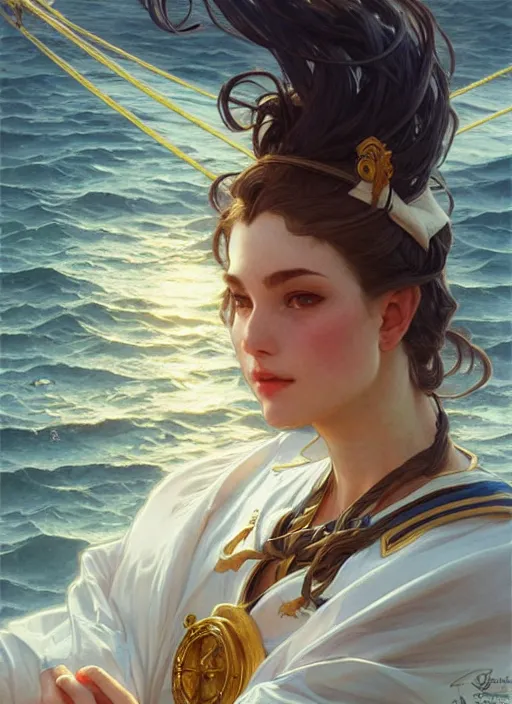 Image similar to sailor on its boat, fantasy, highly detailed, digital painting, artstation, concept art, wallpaper, smooth, sharp focus, illustration, art by artgerm and greg rutkowski and alphonse mucha