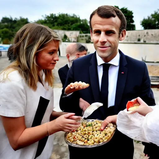 Image similar to barefoot macron, giving food to poor people, barefoot, french president, press photography