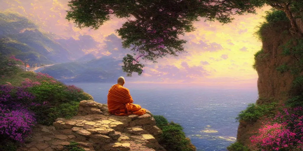 Prompt: a thin monk sits alone on the cliff ledge in the lotus position looking out onto a vast ocean, by thomas kinkade, wide angle, cinematic lighting, detailed oil painting