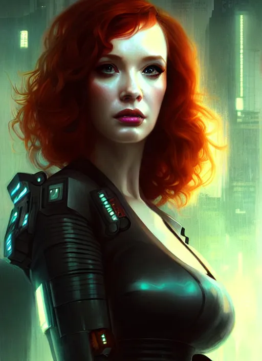 Image similar to bladerunner cyberpunk portrait of christina hendricks, beautiful face, highly detailed face!!!, extremely detailed!, digital painting, unreal engine 5, art by artgerm and greg rutkowski and alphonse mucha