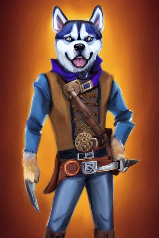 Image similar to a [ portrait painting ] of a husky in cowboy costume in the style of anime, [ character design ], [ a fistful of dollars ], [ per un pugno di dollari ], humanoid, personify, anthropomorphic, treniding on artstation