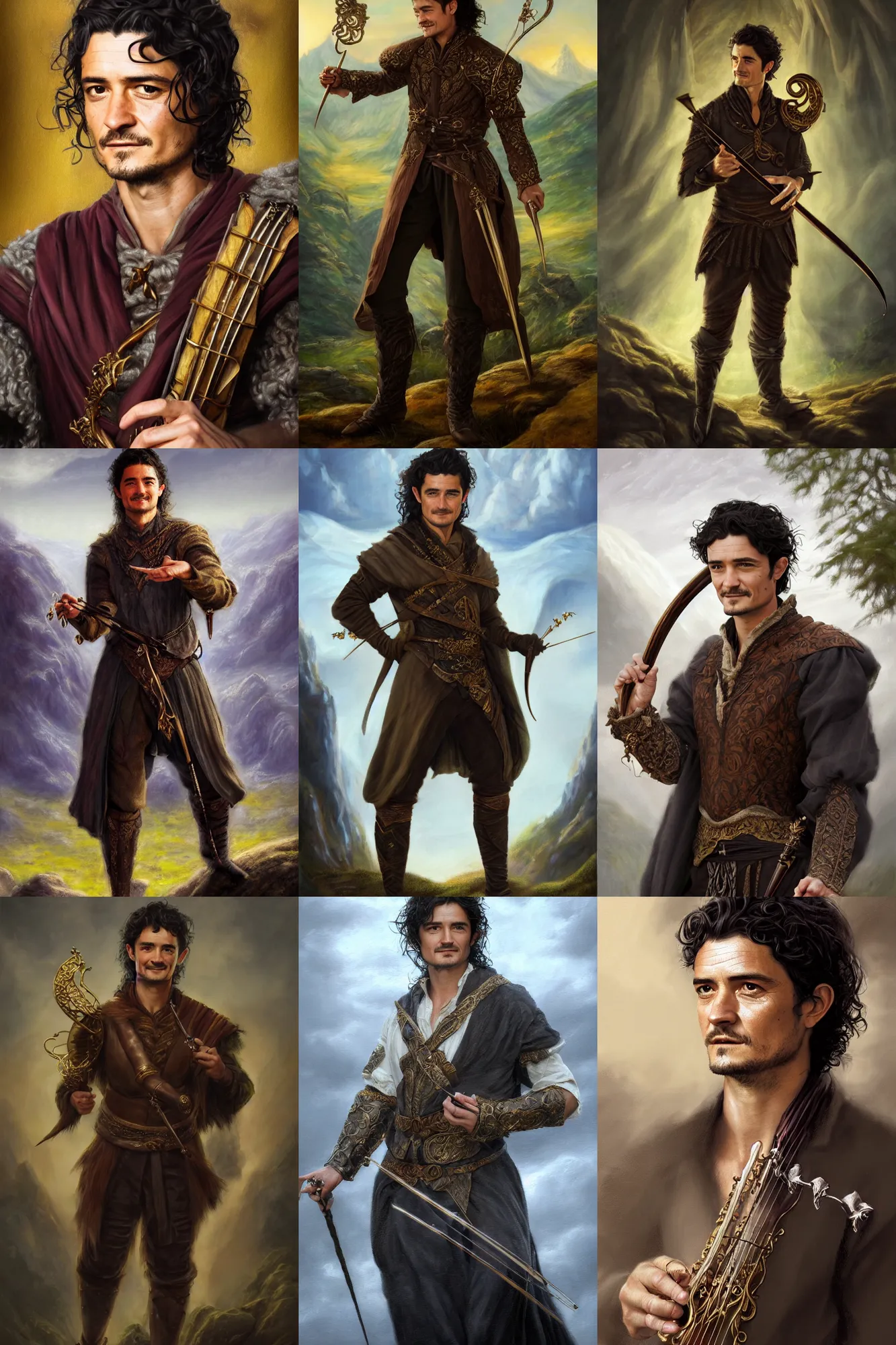 Image similar to a full body high detail fantasy portrait oil painting illustration of orlando bloom as an elegant male bard by justin sweet with face and body clearly visible, in a scenic background, striking eyes, realistic proportions, d & d, rpg, forgotten realms, artstation trending, high quality, sombre mood, artstation trending, muted colours, entire person visible!