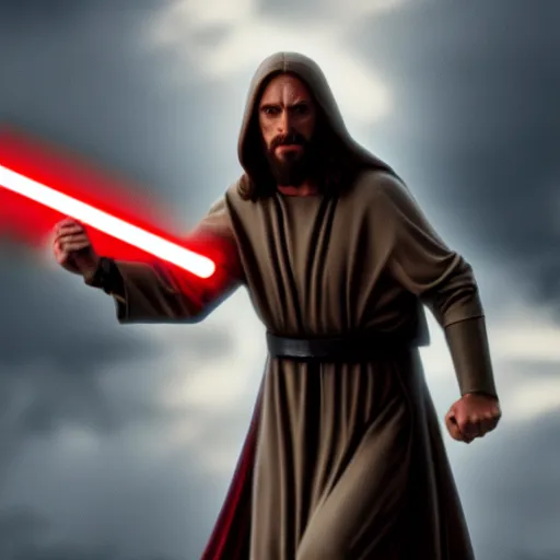 Image similar to jesus christ our lord and savior fighting the sith from star wars, 4 k, high resolution, still, landscape, hd, dslr, hyper realistic