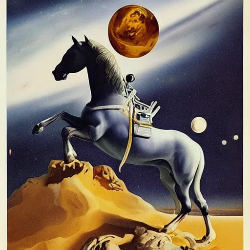 Image similar to a horse on the top, an astronaut on the ground, by dali