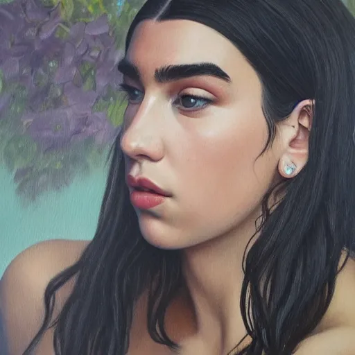 Image similar to dua lipa in a realistic painting, ultra realistic, very details, cinematic